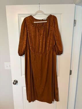 Sandra Darren Rust Brown Midi Dress with 3/4 Puff Sleeves
